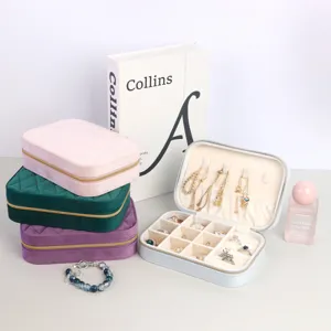 Portable velvet jewelry organizer box set in multiple colors with interior storage detail