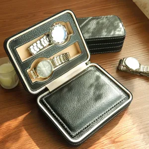 Detailed view of the retro leather watch case featuring a soft interior lining