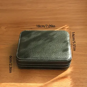 Vintage black leather watch storage box showing external dimensions of 18x14x6 cm for travel