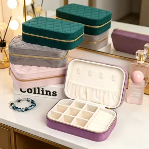 Portable velvet quilted jewelry travel case with multiple compartments for rings and earrings