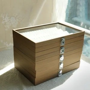 Large Capacity Walnut Wood Grain Jewelry Storage Box With Glass Lid Multiple Slots Ring Earring Necklace Display Case With Silver Metal Clasp Grey Velvet Lining