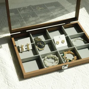 Walnut grain jewelry box with 12 velvet compartments and transparent glass lid