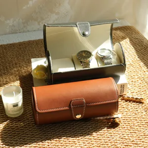 Custodia per orologio cilindrica in pelle PU portatile con interno in velluto