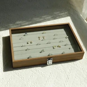 Premium walnut wood grain jewelry storage box with glass lid for ring and earring display