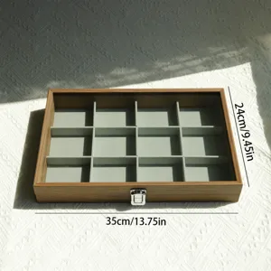 Walnut wood jewelry box with 12 slots and glass lid, 35x24cm dimension display