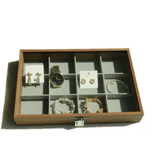 Large capacity walnut wood grain jewelry storage box with 12 slots and clear glass lid