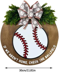 Wooden baseball door sign front door decor with green leaves bow and cute welcome quote 30cm