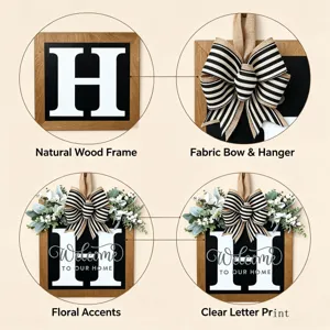 Targa in legno per porta con lettera H, fiocco a quadri e piante verdi decorative.