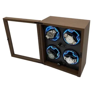 Scatola carica orologi automatica a 4 posti, finitura in noce e luce LED blu soffusa