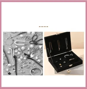 Detail view of luxury black velvet jewelry box showing organized storage vs messy pile.