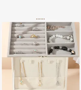 Detailed view of grey velvet jewelry organizer showing ring slots and necklace hooks