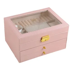 Portagioie Multistrato in Pelle PU Scatola di Grande Capacità Con Coperchio in Vetro Per Orecchini Anelli Collane Regalo Donna