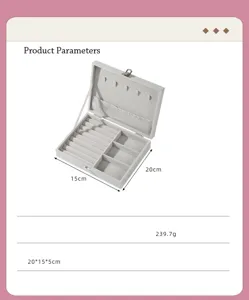 Grey velvet jewelry organizer box with dimensions and weight specifications