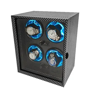 Scatola carica orologi automatica premium a 4 posti con motivo in carbonio e LED blu