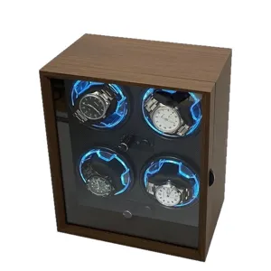 Caricaorologi Automatico Scatola di Immagazzinaggio in Legno di Lusso Con Luce LED Blu Motore Silenzioso Scatola per Orologi Meccanici Display