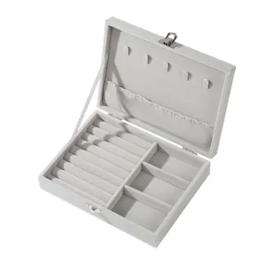 Elegant light gray velvet jewelry box organizer with multi-slots and metal buckle