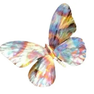 Colorful metal butterfly detail, vibrant iridescent finish, minimalist animal ornament decor for walls.