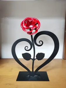 Handmade metal red rose with heart stand ornament for romantic table decor and sweet gift.