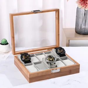 Detailansicht der luxuriösen 8-Slot Uhrenbox aus Palisanderholz mit klarem Glasdeckel