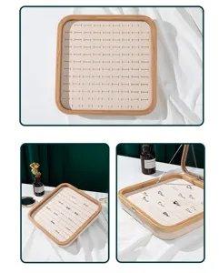 Bamboo jewelry display tray with lid and ring slots shown in three different angles
