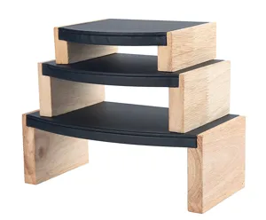 Set of 3 solid wood jewelry display stands with black leather tops for necklaces.