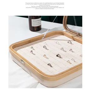 Large capacity bamboo jewelry storage tray with transparent lid and ring display slots