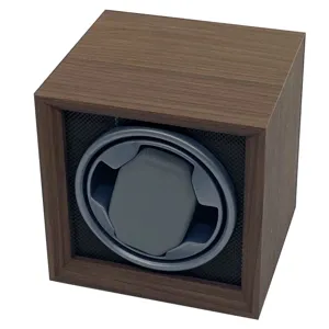 Detailed view of premium black walnut wood watch winder box showing grain and rotating holder