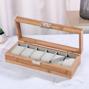 Offene 6-Slot-Uhrenbox aus Bambus mit transparentem Glasdeckel und grauen Samtkissen