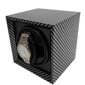Detail view of single automatic watch winder box featuring carbon fiber pattern design