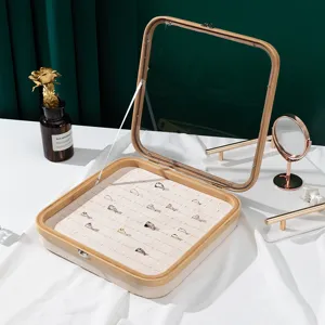 Large capacity bamboo ring display tray with clear glass lid for jewelry storage
