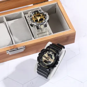 Premium-Uhrenbox aus Bambus mit eleganter Maserung und weichen grauen Samtkissen