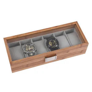 Detailansicht der hochwertigen 6-Slot-Uhrenbox aus Holz mit transparentem Deckel