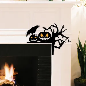 Halloween pumpkin crow door corner decoration, scary black acrylic holiday decor sign for home.