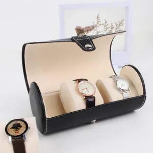 Premium portable 3-slot black PU leather watch travel case with soft cream cushions
