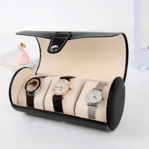 Portable black PU leather watch travel case with 3 slots and soft cream velvet lining