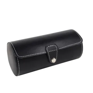 Elegant portable black PU leather watch travel case with 3 slots and white stitching