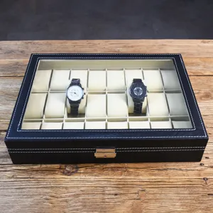 24-Slot Premium Leather Watch Box Display Case With Transparent Window Velvet Lining Jewelry Storage Box For Men Women Black