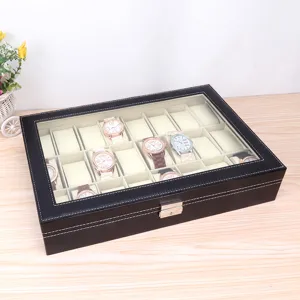 24-Slot black leather watch display case with transparent window and soft velvet lining
