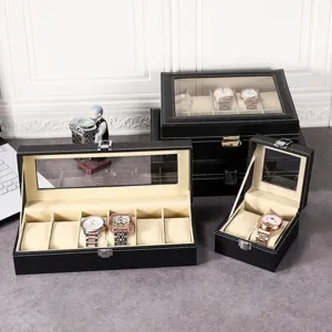 PU Leather Watch Box 6 Slots Watch Storage Organizer Display Case With Transparent Window Metal Lock For Men Women Jewelry Box