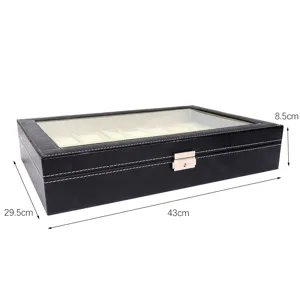 Black leather 24-slot watch display box with transparent window and velvet lining