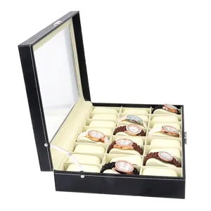 Premium 24-slot black leather watch display case with transparent viewing window lid