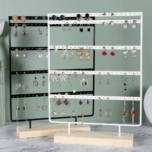 Iron Jewelry Display Stand With Wooden Base Multi-Layer Earring Holder For Necklaces Earrings Storage Organizer Home Decor
