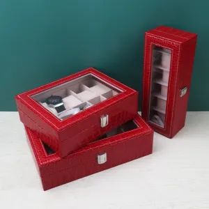 Boîte à montres en cuir rouge motif crocodile avec couvercle transparent pour rangement élégant
