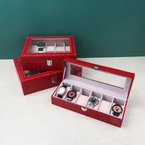 Boîte à montres en cuir rouge à motif crocodile avec fenêtre transparente 6/10/12 fentes