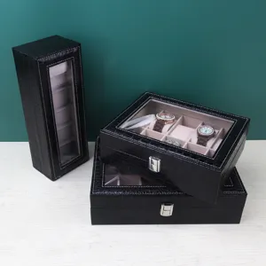 Coffret à montres premium en cuir noir motif crocodile avec fenêtre de visualisation