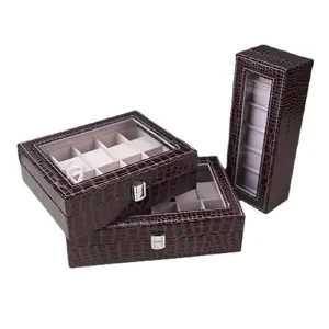 Set de boîtes à montres en cuir crocodile avec fenêtres transparentes