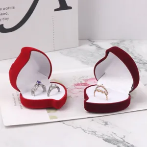 Heart Shaped Rose Velvet Jewelry Box Proposal Wedding Ring Box Double Ring Earring Case Romantic Gift Box Red Flocking Box