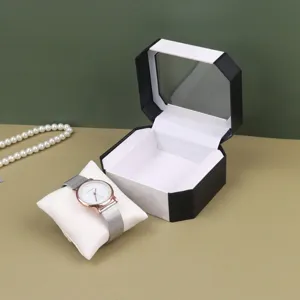 Boîte à montre octogonale minimaliste en plastique avec fenêtre et coussin blanc
