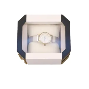 Boîte à montres octogonale en plastique avec fenêtre transparente et coussin blanc
