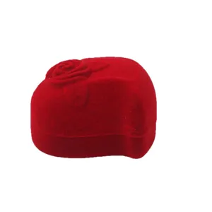 Elegant red heart-shaped velvet jewelry box with rose relief for wedding and proposals